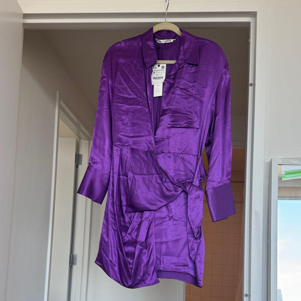 Zara tie satin purple dress
